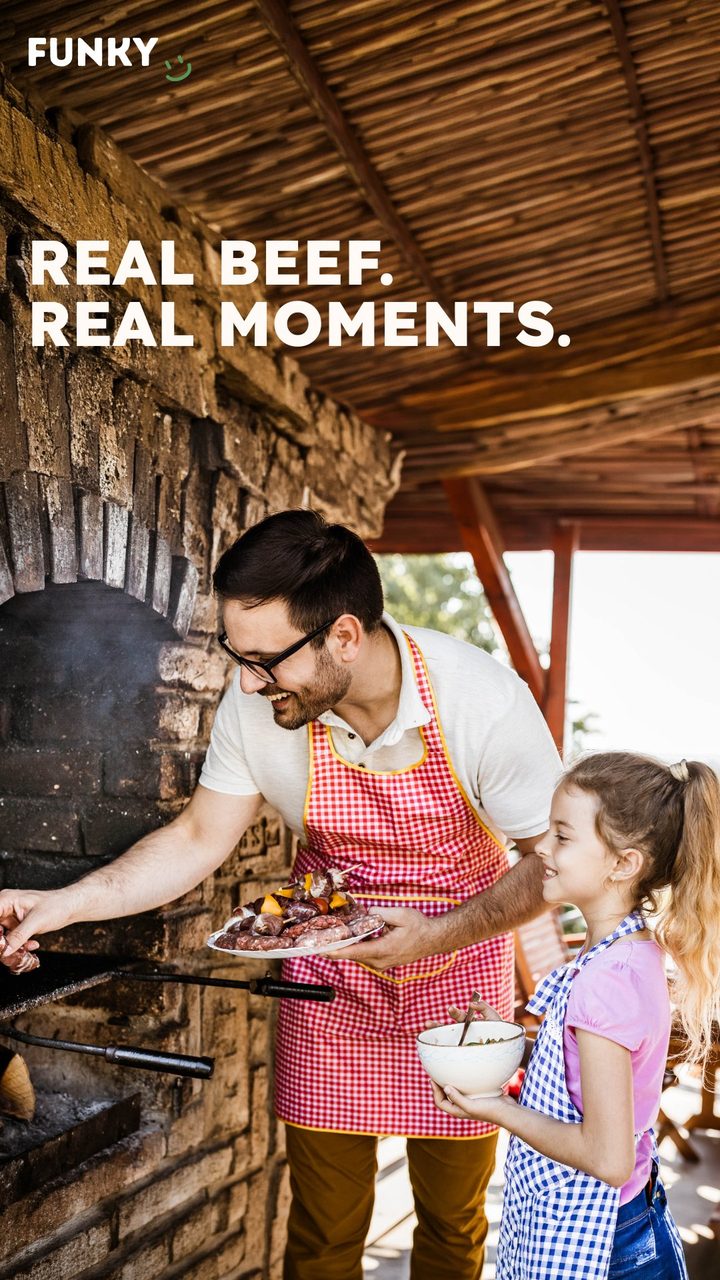 Family cooking grass-fed beef together outdoors