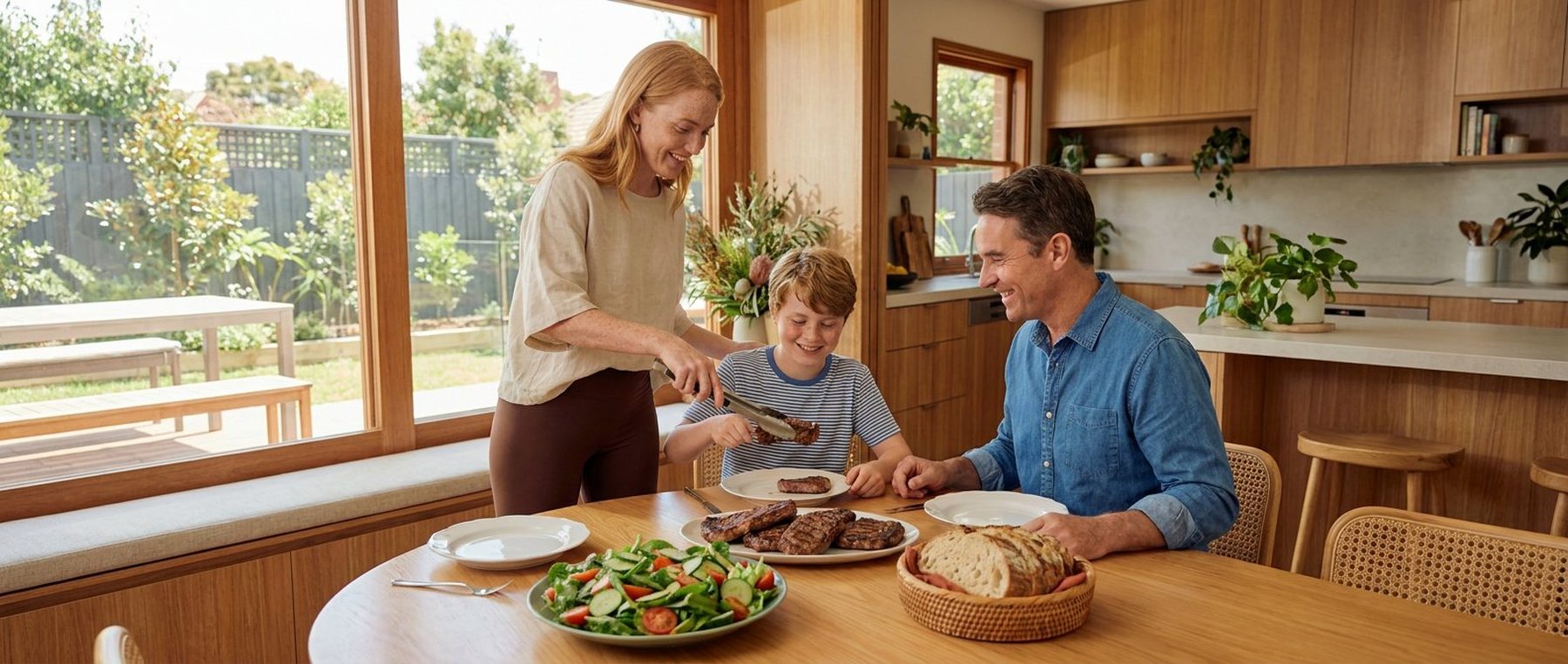 Family enjoying a steak dinner together